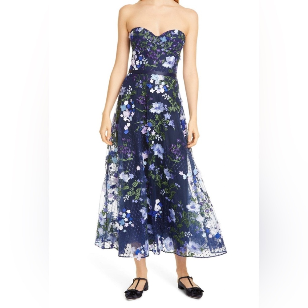 Marchesa Notte 3D Floral lace midi dress